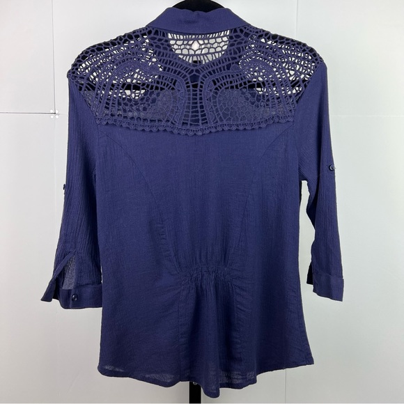Self Esteem Navy Collar Lace Gauzy Button Down Blouse 3/4 Roll Up Sleeves Small - Picture 6 of 10